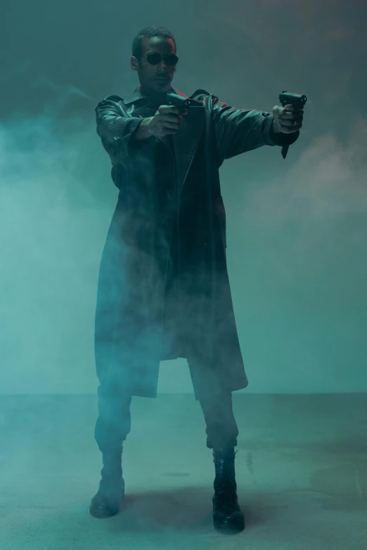 a man in a trench coat holding a gun, by Mark Arian, bad bunny, dynamic dramatic shot, promo image, (doctor)