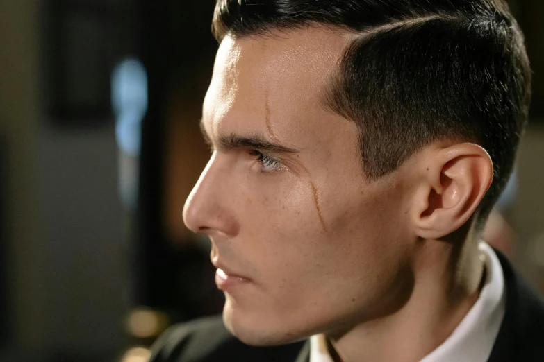 a close up of a person wearing a suit and tie, a character portrait, inspired by Jean Malouel, trending on pexels, bauhaus, crew cut hair, side profile view, piercing stare, male vampire