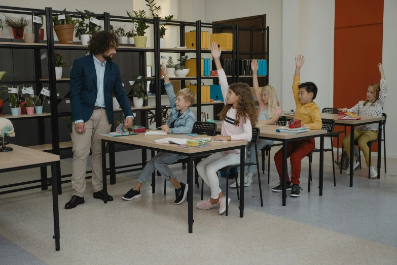 a group of children sitting at desks in a classroom, pexels contest winner, standing on a desk, professional comercial vibe, thumbnail, inspect in inventory image