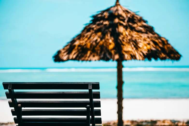 a wooden bench sitting on top of a sandy beach, unsplash contest winner, black and cyan color scheme, parasol, profile image, tropical background