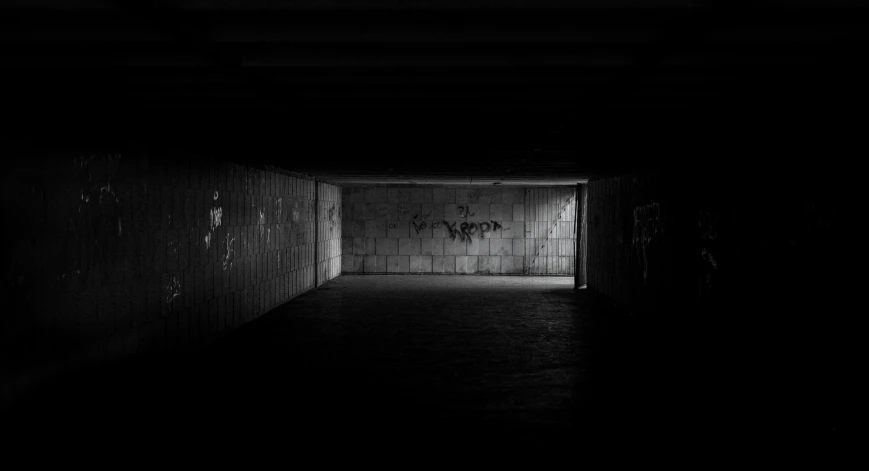 a dark tunnel with graffiti on the walls, a black and white photo, unsplash, an empty brutalist chamber, dark dance photography aesthetic, ( ( ( in a dark, artwork empty daylight