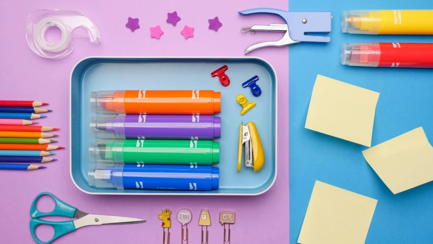 a tray filled with lots of different colored pens, inspired by Eduardo Paolozzi, trending on pexels, blue and purple colour scheme, paper cutouts of plain colors, animation still, pastel'