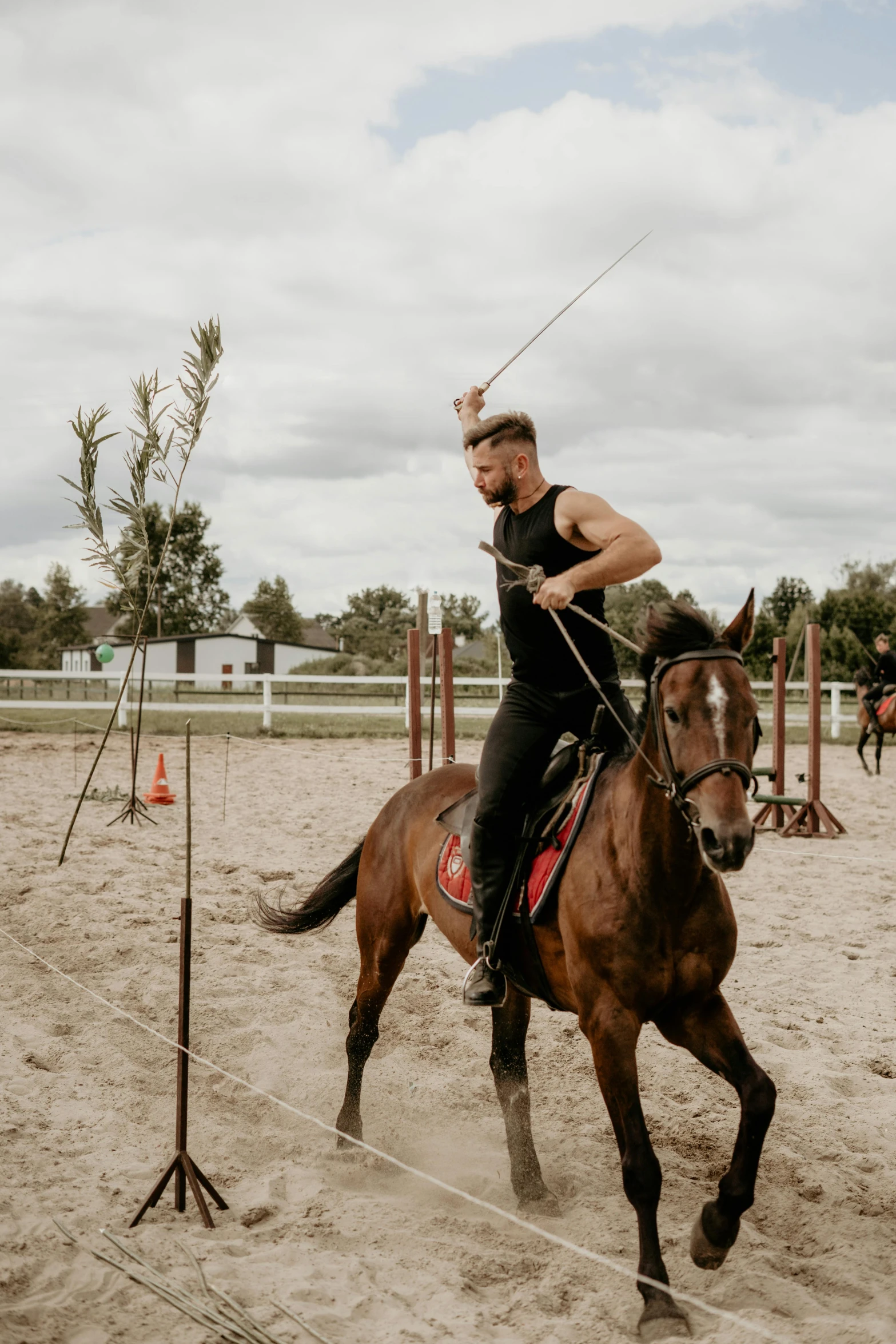 a man riding on the back of a brown horse, by Jan Tengnagel, trending on unsplash, renaissance, dancing on a pole, action sports, low quality photo, 🚿🗝📝