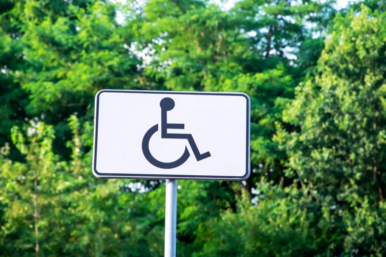 a close up of a street sign with trees in the background, pexels, hurufiyya, wheelchair, square, white, where a large
