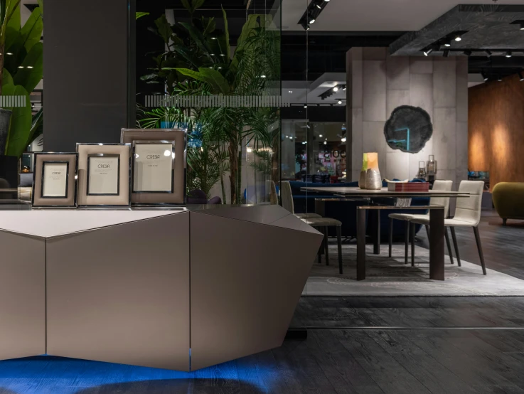 a living room filled with furniture and plants, by Carlo Martini, lacquered oak reception desk, award winning shopfront design, night setting, rosenthal