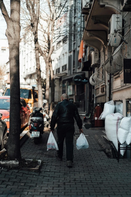 a man walking down a street carrying bags, by Niko Henrichon, pexels contest winner, plasticien, istanbul, inspect in inventory image, full-body, voluminous