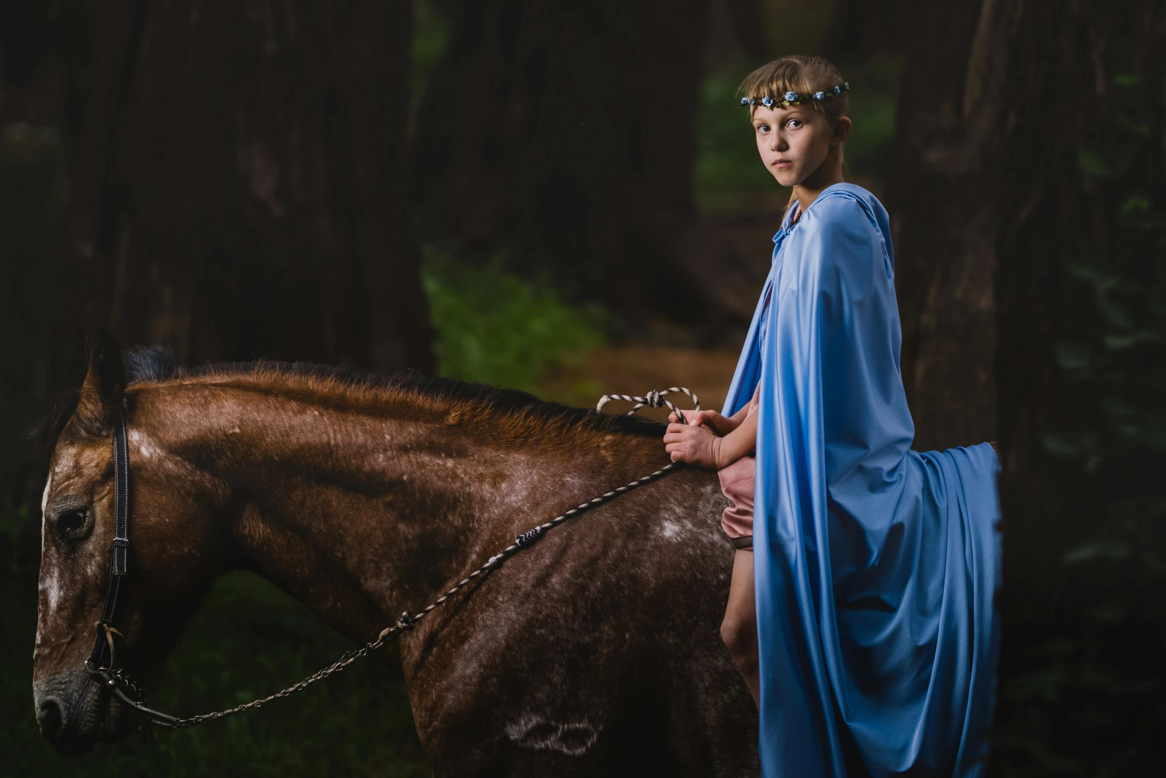 a woman riding on the back of a brown horse, a portrait, by Adam Marczyński, pexels contest winner, renaissance, blue tunic and robes, young boy, wearing a toga, photography of enchanted forest