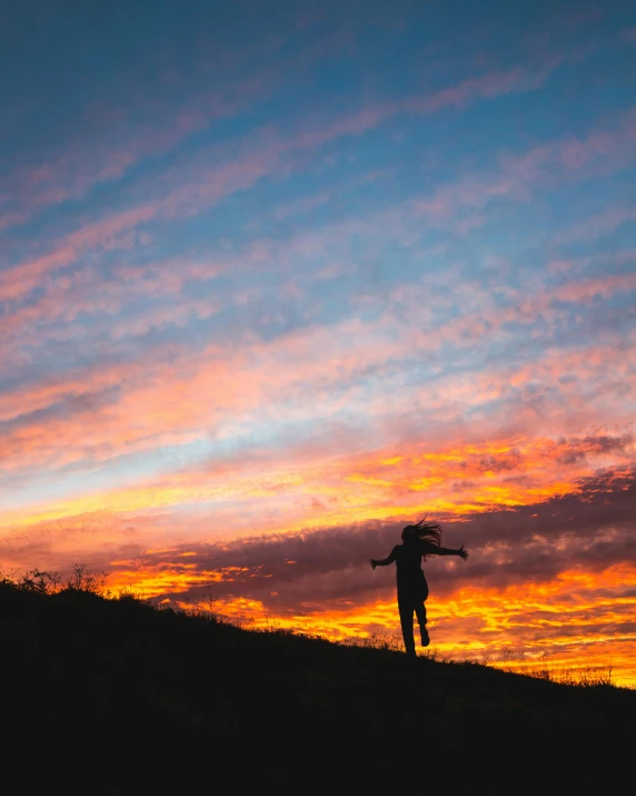 a person standing on top of a hill at sunset, under a technicolor sky, profile image, waving, uploaded