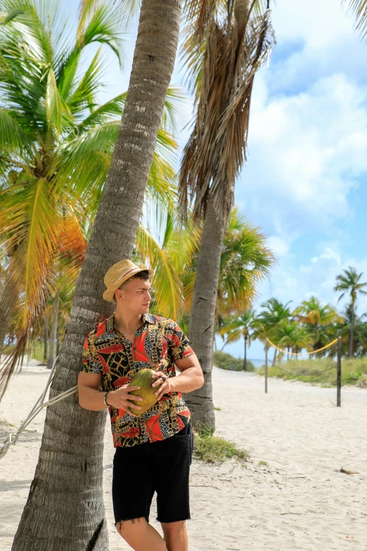 a man standing next to a palm tree on a beach, square, holding maracas, south beach colors, photograph taken in 2 0 2 0