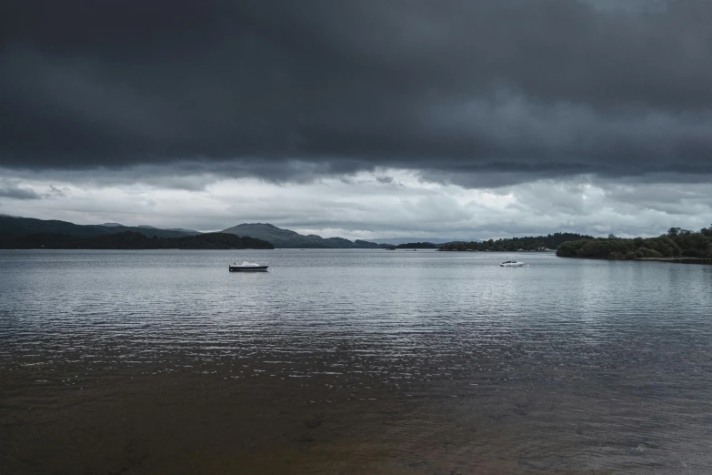 a boat floating on top of a lake under a cloudy sky, a portrait, inspired by John Opie, unsplash contest winner, hurufiyya, dark stormy clouds, two medium sized islands, the panorama, flooding