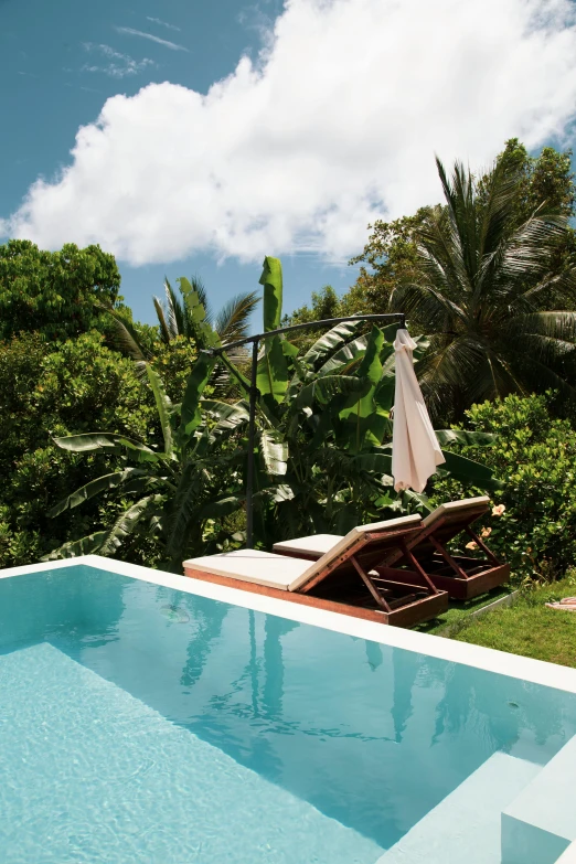 a couple of lounge chairs sitting next to a swimming pool, lush jungle, blue skies, slide show, victoria siemer