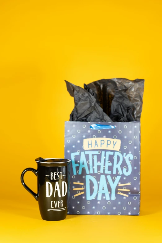 a father's day gift bag next to a coffee mug, a portrait, f/8, neon, ready to model, basic