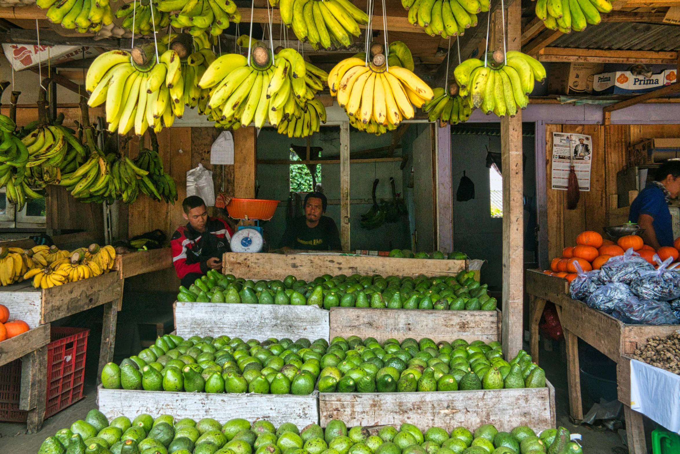 a bunch of bananas hanging from the ceiling of a market, by Julia Pishtar, unsplash, madagascar, square, avocado being stolen, village