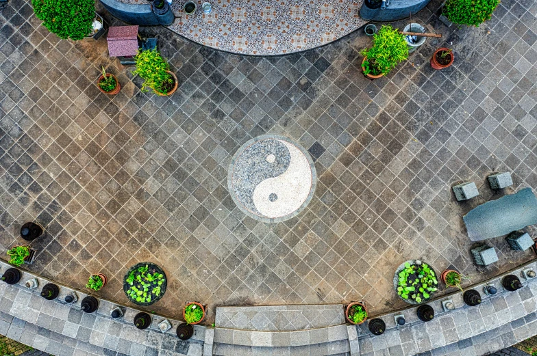 a bird's eye view of a patio area, inspired by Wu Wei, unsplash, symbolism, yinyang shaped, tlaquepaque, image, square