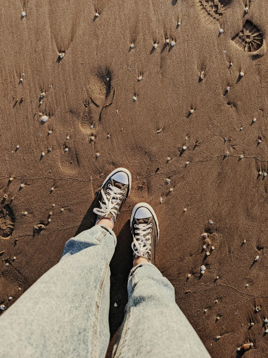 a person standing on top of a sandy beach, trending on pexels, wearing white sneakers, muted browns, instagram story, a high angle shot