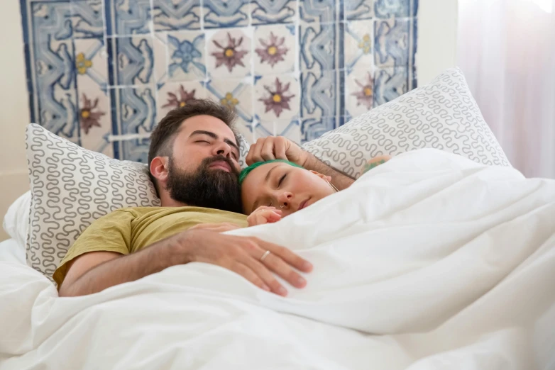 a man and woman laying in bed next to each other, pexels contest winner, renaissance, bearded, asleep, avatar image, hipster dad