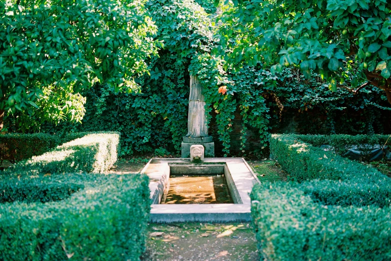 a small fountain in the middle of a garden, inspired by Serafino De Tivoli, unsplash, renaissance, kodak portra 4 0 0, ivy, tomb, greek pool