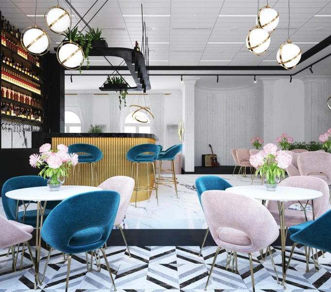 a room filled with lots of chairs and tables, a 3D render, inspired by Barthélemy Menn, the flamingo cafe, white marble and gold, bright it interiors, amanda lilleston