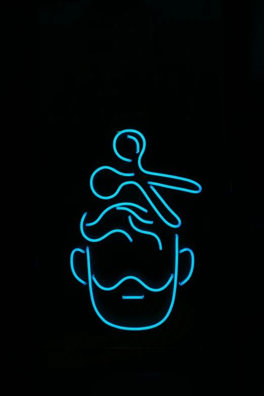 a neon sign in the shape of a man's head, trending on reddit, kinetic art, curled beard, avatar image, flat top haircut, scissor people