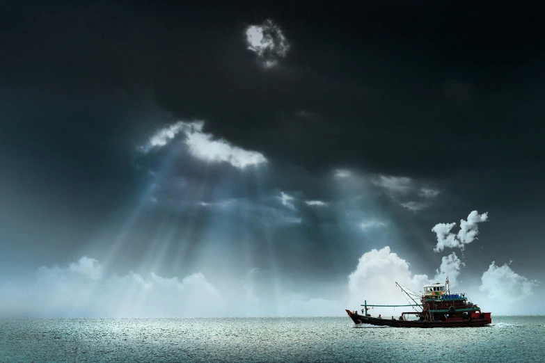 a boat floating on top of a large body of water, inspired by Michal Karcz, pexels contest winner, dramatic clouds cyan atmosphere, boat with lamp, fishing boats, gothic ship on ocean