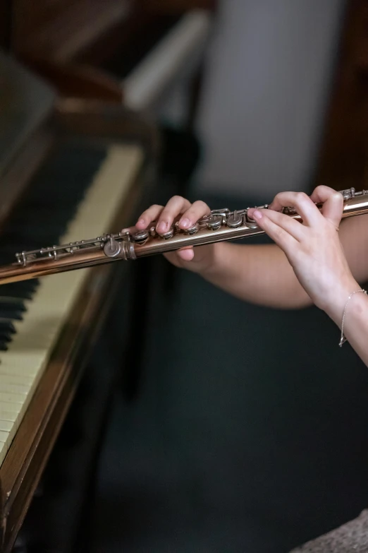 a woman playing a flute in front of a piano, unsplash, arabesque, australian, low detail, small in size, hands