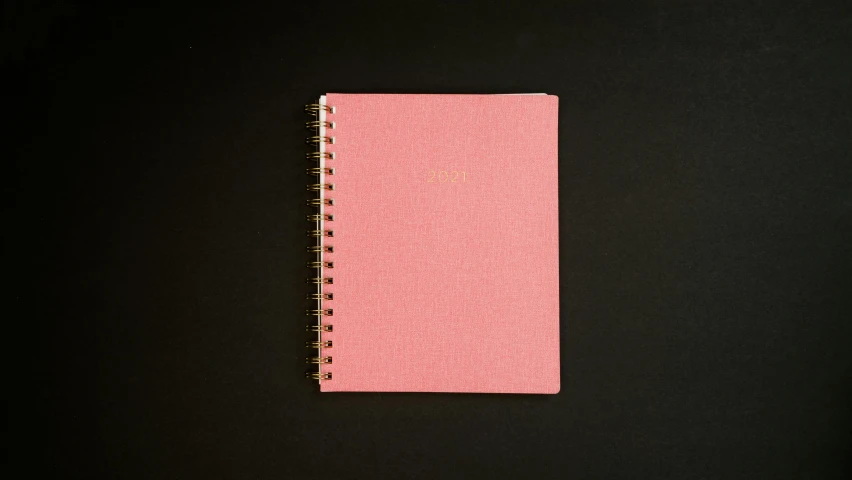 a pink notebook on a black surface, inspired by Ruth Jên, unsplash, linen canvas, rendered in corona, full face, sprial