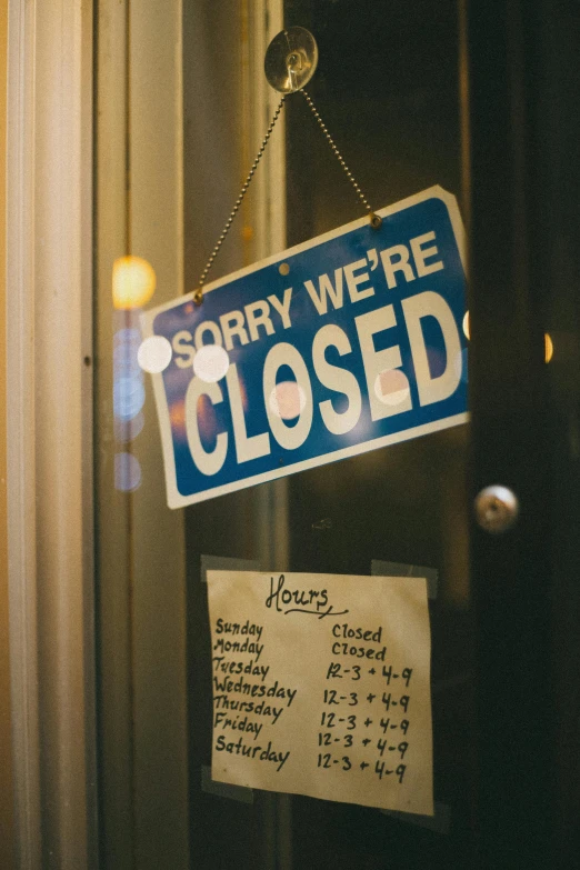 a blue and white sign that says sorry we are closed, pexels, renaissance, square, michael sowa, holiday season, broken vending machines