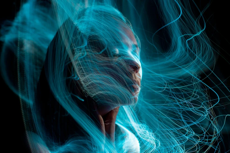 a close up of a person holding a cell phone, digital art, by Adam Marczyński, pexels contest winner, glowing flowing hair, cyan dimensional light, long exposure photograph, photo of a black woman
