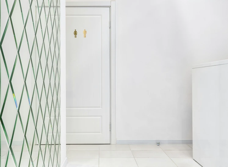 a white refrigerator freezer sitting inside of a kitchen, by Emma Andijewska, trending on unsplash, berlin secession, green lines, doorway, white tile on the floor, glass and gold and jade