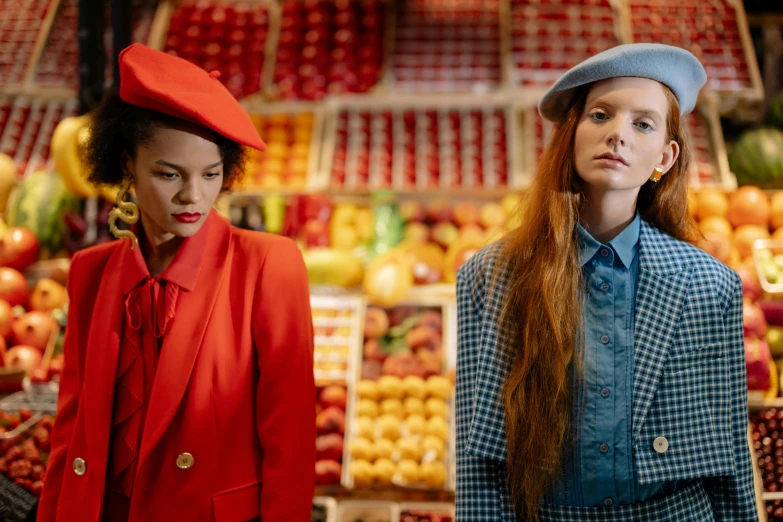 a couple of women standing next to each other, pexels, renaissance, stood in a supermarket, red hat, sadie sink, aurora aksnes and zoë kravitz