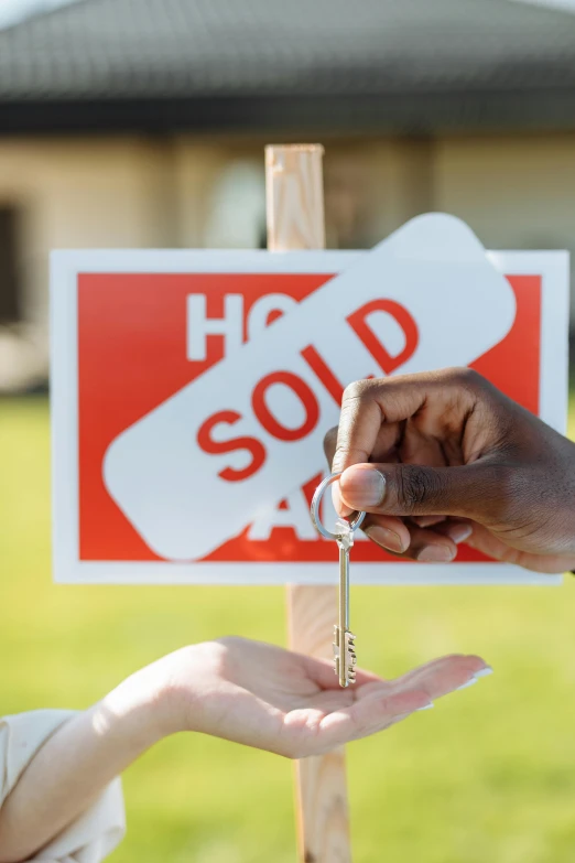 a woman holding a key in front of a sold sign, a photo, trending on unsplash, square, diverse, low sun, slide show