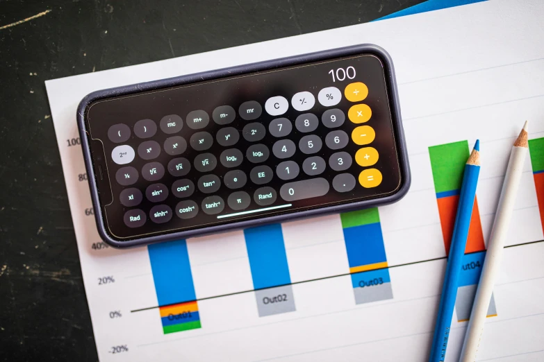 a calculator sitting on top of a piece of paper next to a pencil, a digital rendering, by Matt Cavotta, pexels, analytical art, square, youtube thumbnail, seventies, avatar image