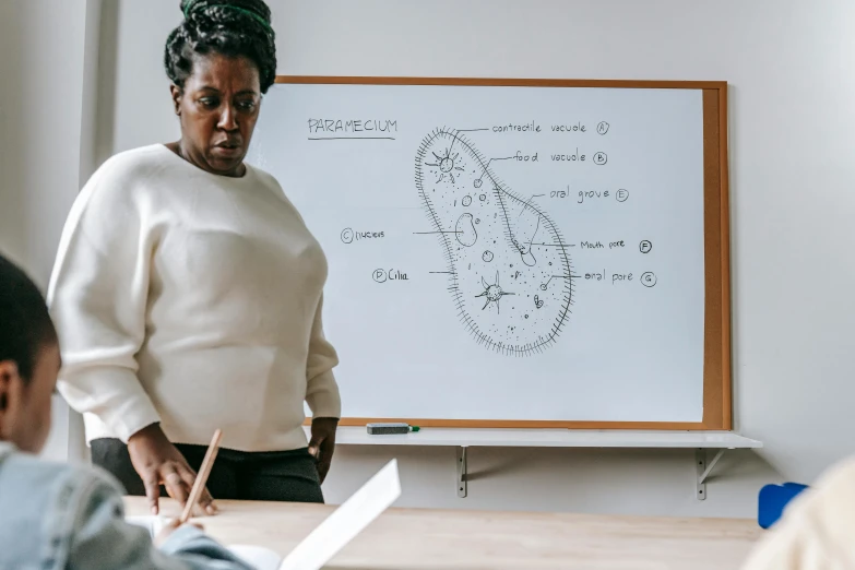 a woman standing in front of a whiteboard in a classroom, a drawing, by Olivia Peguero, pexels contest winner, fungal polyps, kara walker, healthcare worker, product design shot