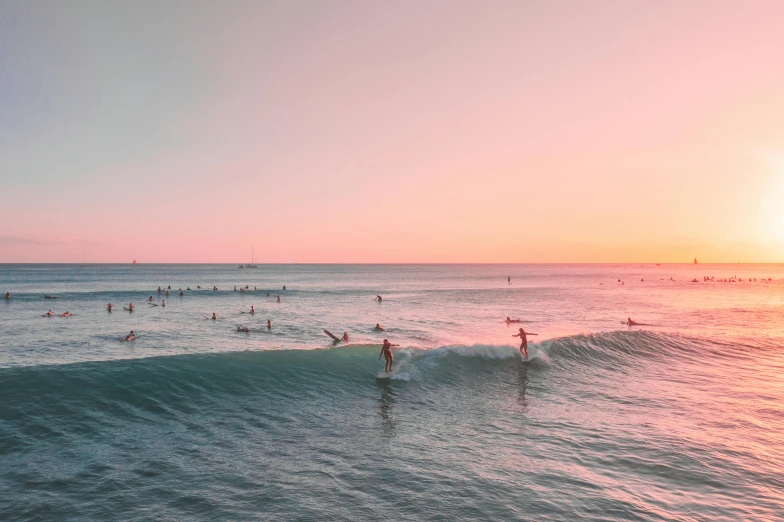 a group of people riding waves on top of surfboards, unsplash contest winner, at gentle dawn pink light, sydney, lined up horizontally, shades of pink and blue