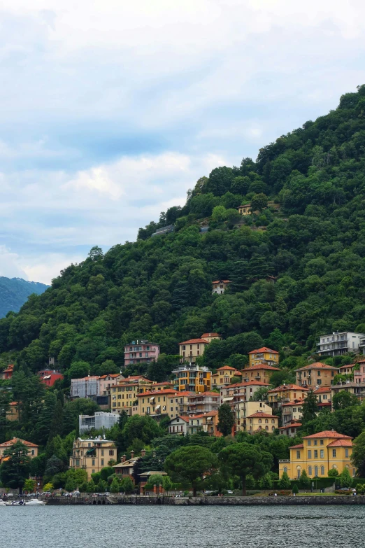 a large body of water next to a lush green hillside, inspired by Raffeaello Ossola, pexels contest winner, renaissance, waterfront houses, with dark trees in foreground, landslides, yellow and green