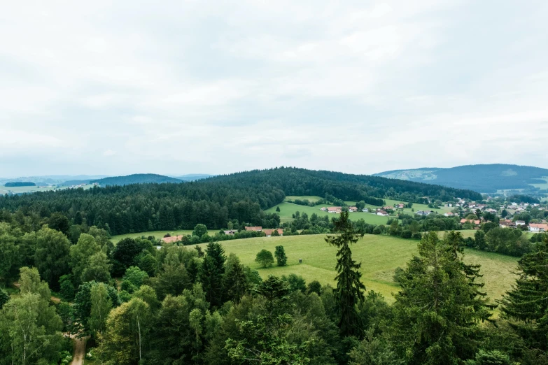 a view of the countryside from the top of a hill, by Matthias Stom, pexels contest winner, lush forest in background, 4k panoramic, black forest, a wooden