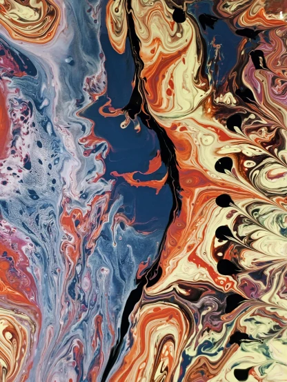 a close up of a marbled surface with a blue sky in the background, inspired by Gabor Breznay, deep purple and orange, james nares, swirling scene, ivory and black marble