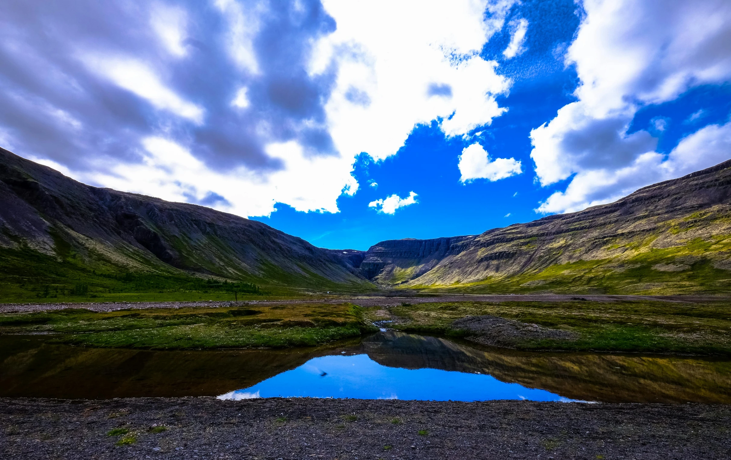 a body of water surrounded by mountains under a cloudy sky, hurufiyya, marsden, fan favorite, ponds of water, blue skies