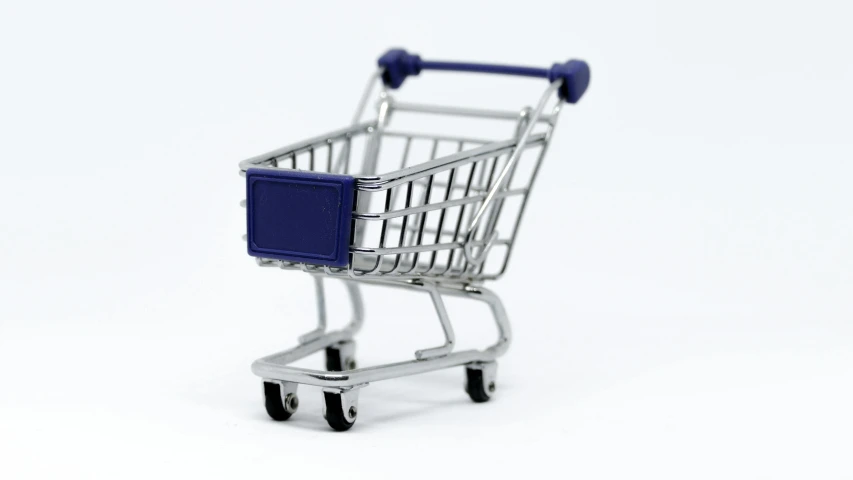 a miniature shopping cart on a white background, by Niels Lergaard, pexels, blue, silver, high quality product, shot on sony a 7