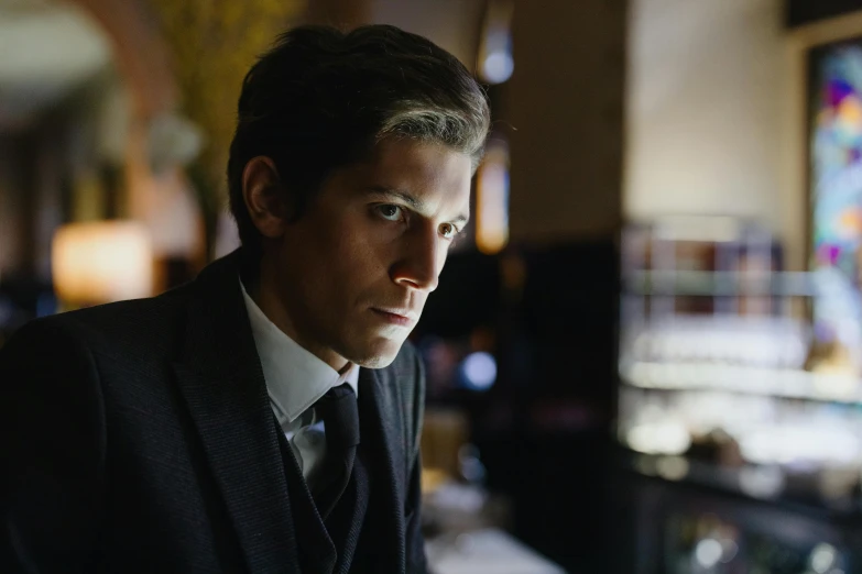 a close up of a person wearing a suit and tie, renaissance, standing in a dimly lit room, unbroken, luca, castle