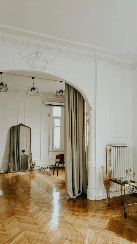 a living room filled with furniture and a fire place, pexels contest winner, art nouveau, empty white room, curtain bangs, view from behind mirror, arched doorway