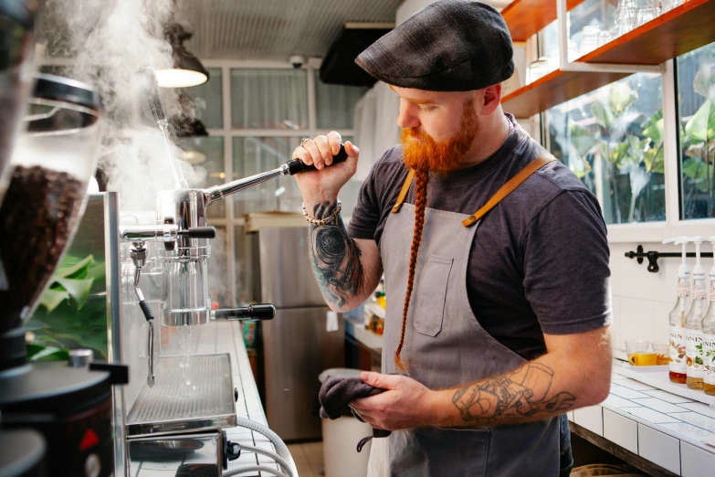 a man that is standing in front of a blender, by Lee Loughridge, pexels contest winner, aussie baristas, smoked layered, plating, thumbnail