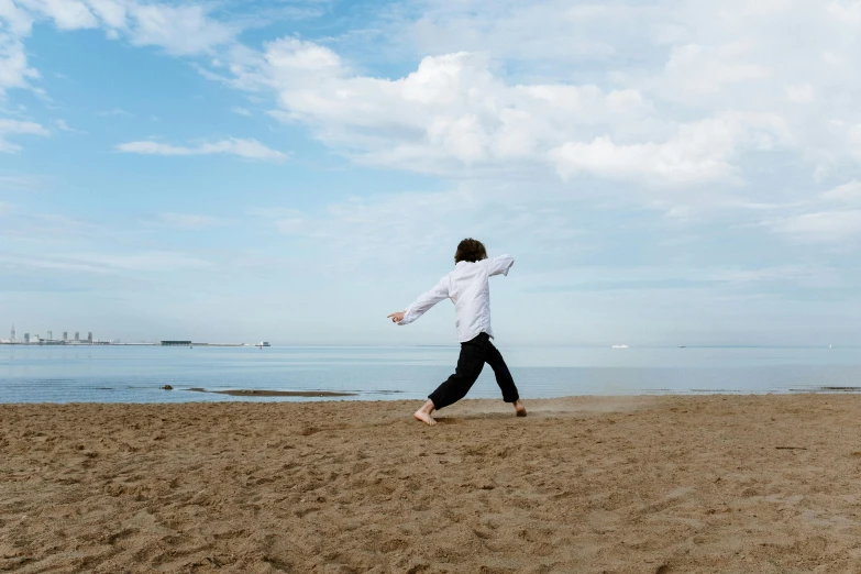 a man flying a kite on top of a sandy beach, inspired by Baiōken Eishun, unsplash, karate pose, sean mcloughlin, aged 13, thumbnail