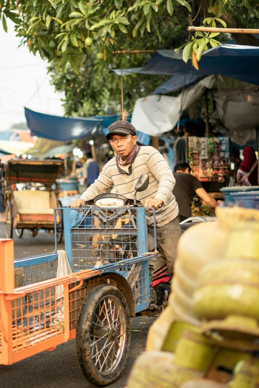 a man riding a bike with a cart full of bananas, by Dan Content, trending on unsplash, fish market stalls, square, brown, blue