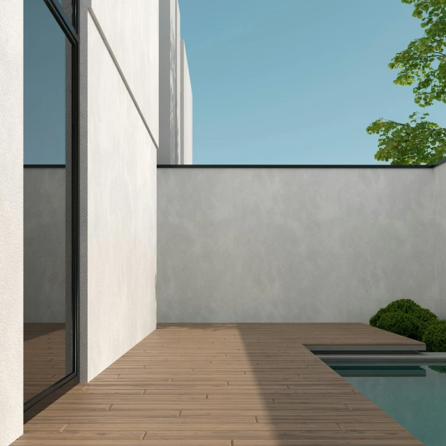 a wooden deck next to a swimming pool, an ambient occlusion render, inspired by David Chipperfield, pexels contest winner, white concrete, rammed earth courtyard, smooth surface render, mate painting mix rendering