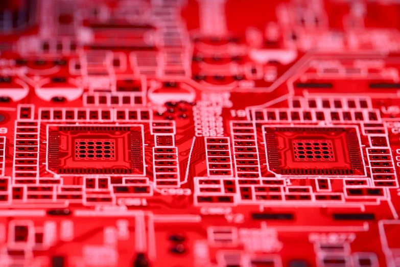 a close up of a red printed circuit board, a digital rendering, by Daniel Lieske, square, gaming, video, panels