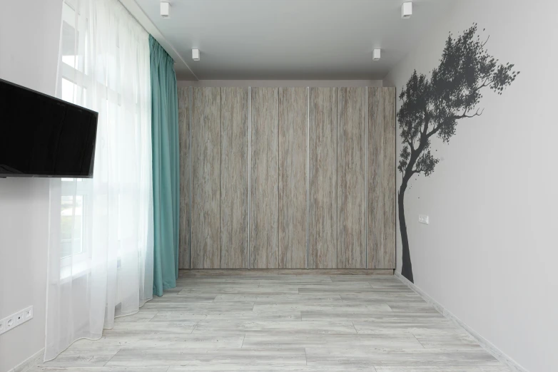 a living room filled with furniture and a flat screen tv, inspired by Nōami, unsplash, light and space, tall tree, beautiful drapes, pale cyan and grey fabric, two wooden wardrobes