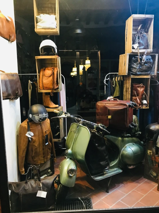 a room filled with lots of different types of luggage, cafe racer, mannequin, thumbnail, italian style