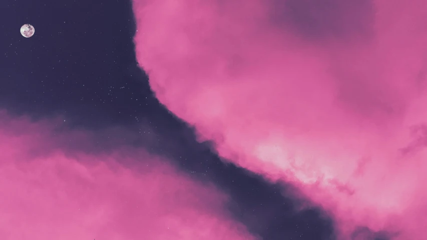 a plane flying through a cloudy sky with a full moon in the background, an album cover, inspired by Attila Meszlenyi, pexels contest winner, light and space, gradient pink, abstract smoke neon, purple nebula, background ( dark _ smokiness )
