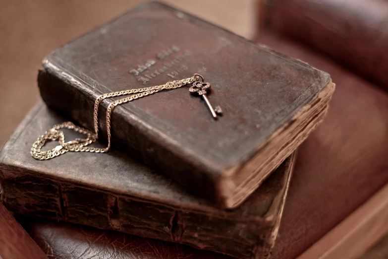 a couple of books sitting on top of each other, an album cover, by Sylvia Wishart, unsplash, ancient keys, necklace, brown, religious